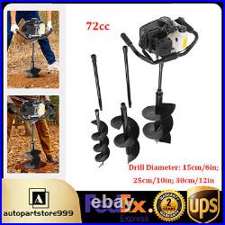 72CC 4HP Fence Post Hole Digger Gas Power Earth Auger Ground +6/10/12 Drill Bits